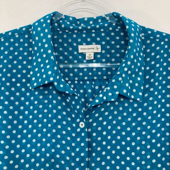 Susan Graver Top 2X Blue White Polka Dot Soft Flowy 3/4 Sleeve Chiffon Button Up - Picture 3 of 11